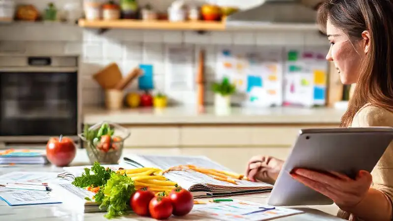 Estudiante organizado con libros y alimentos saludables