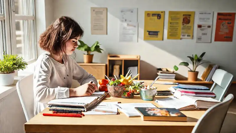 Estudio ordenado, comida saludable y ambiente motivador