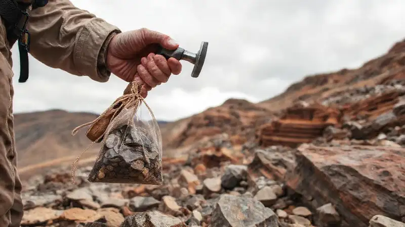 Geólogo tomando muestras en montaña rocosa