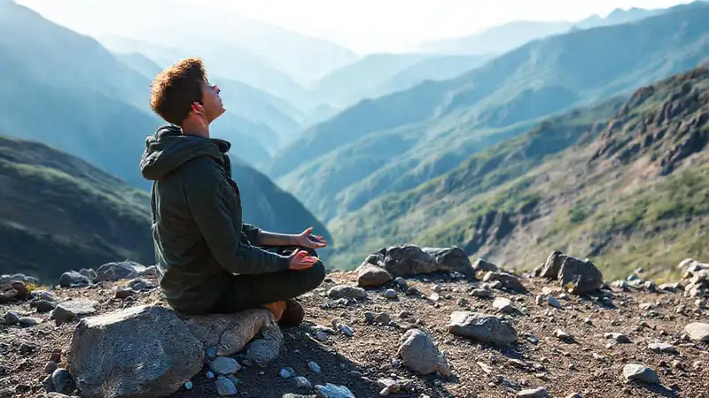 Estudiante en naturaleza practicando relajación