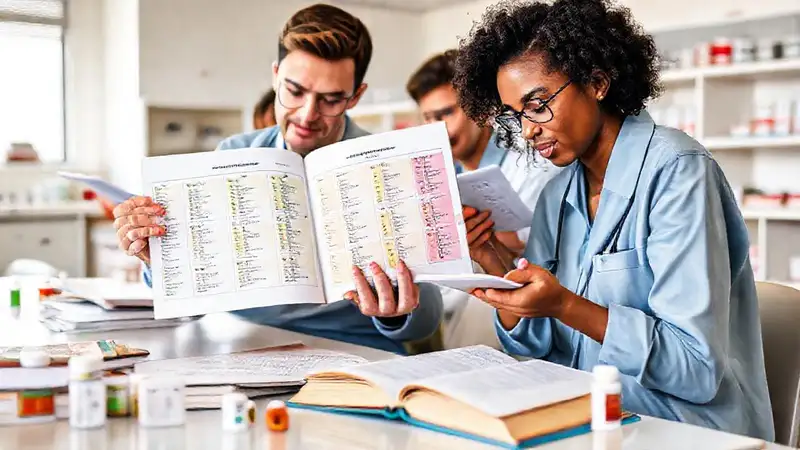 Estudiantes estudian con libros y tarjetas coloridas