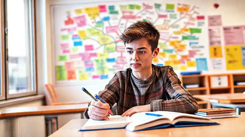 Estudiante estudia en ambiente inspirador y colorido