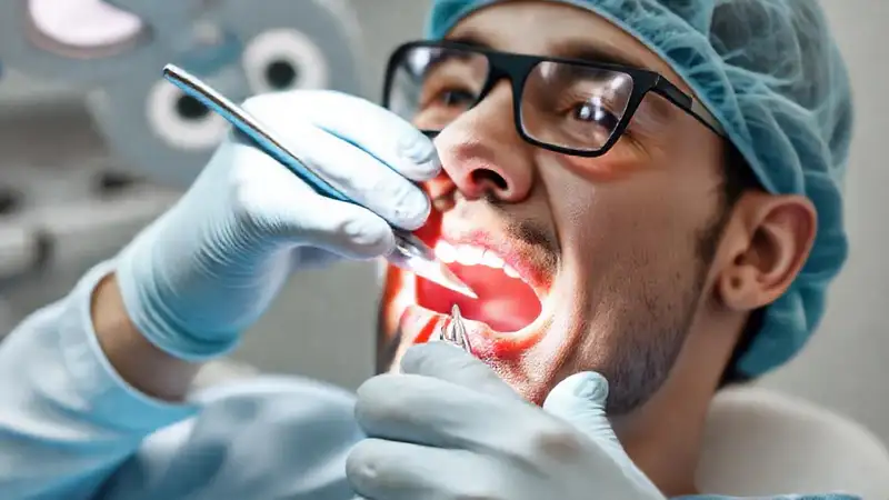 Cirujano dental con herramientas higiénicas en consulta