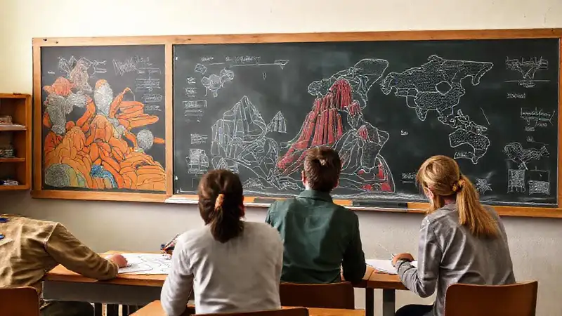 Estudiantes estudian geología con mapas y dibujos