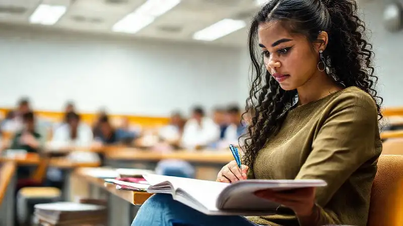 Estudiante tomando notas en aula farmacéutica