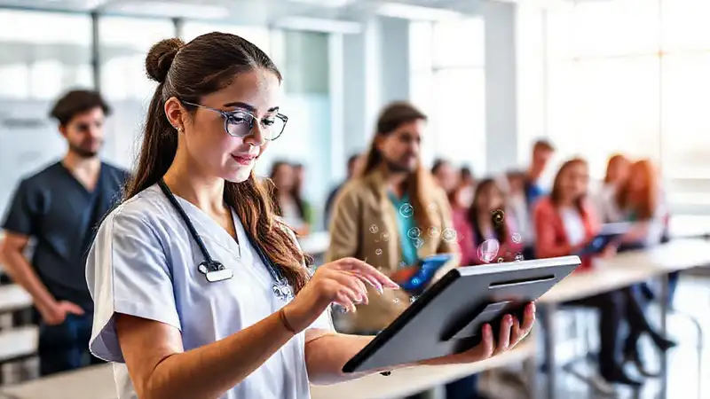 Enfermeros estudiando con tecnología moderna
