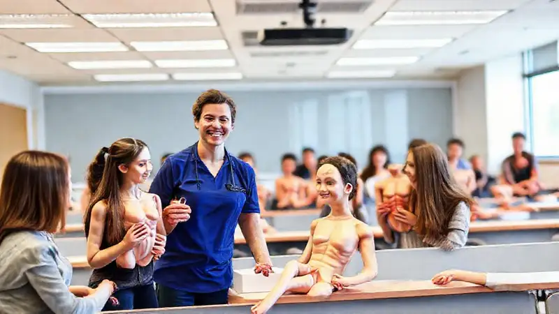 Aula moderna con fisioterapeuta sonriente y estudiantes