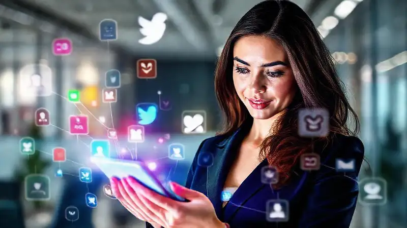 Mujer profesional conecta en redes sociales moderna