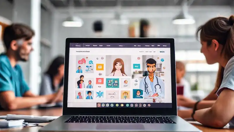 Estudiantes estudian en un entorno digital colorido