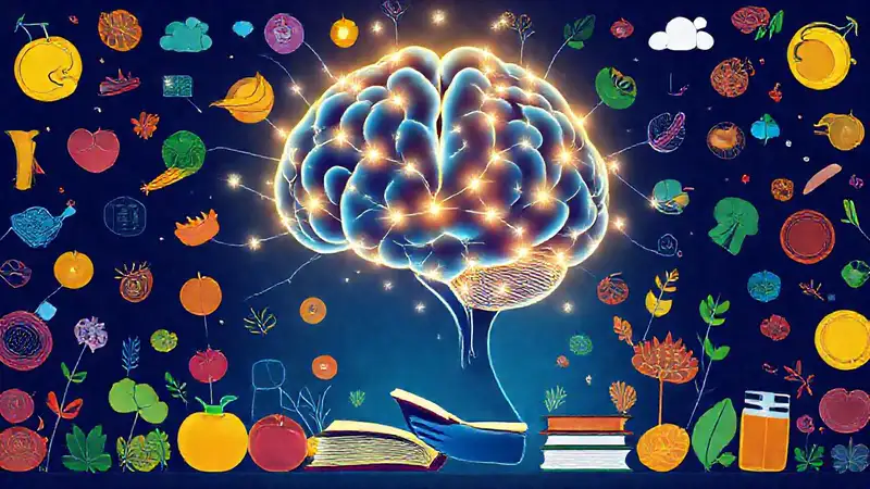 Cerebro brillante rodeado de comida saludable