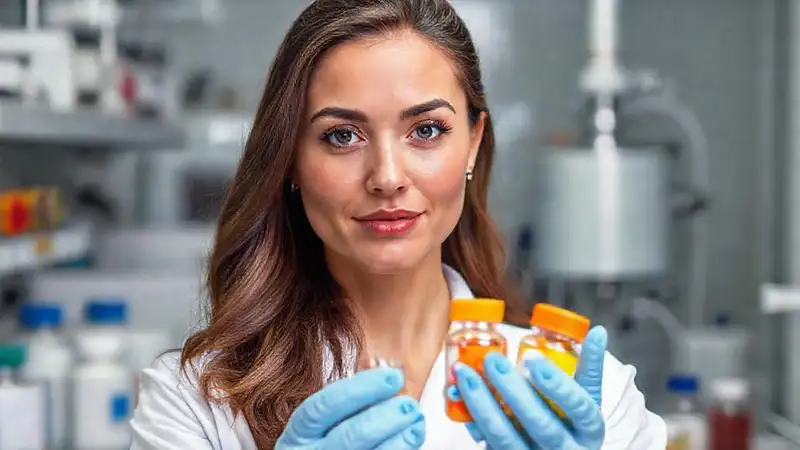 científica en laboratorio con frascos y pastillas
