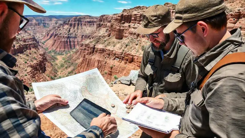 Geólogos inspeccionan rocas en terreno Montañoso