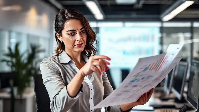 Mujer profesional analizando gráficas en oficina