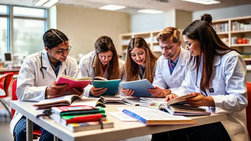 Estudiantes de farmacia estudiando con materiales diversos