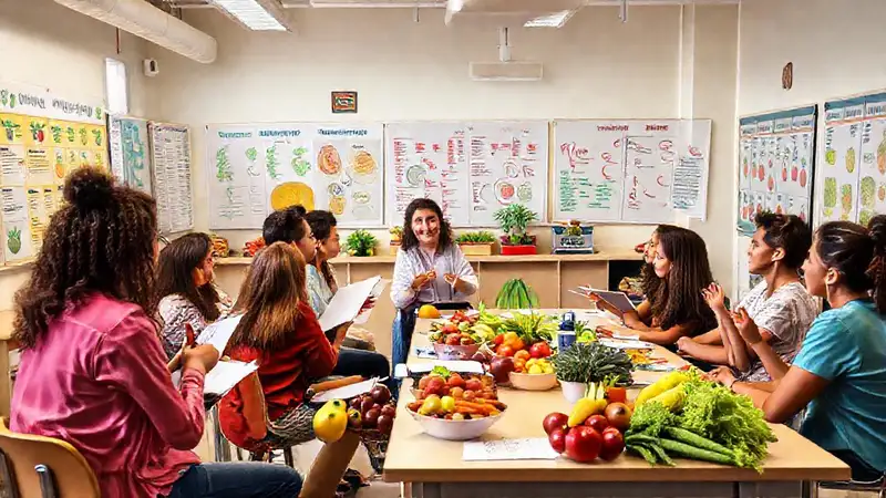 Aula vibrante con estudiantes y alimentos frescos