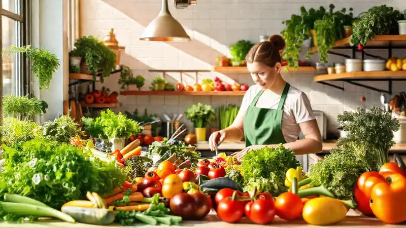 Cocina vibrante con comida fresca y luz natural