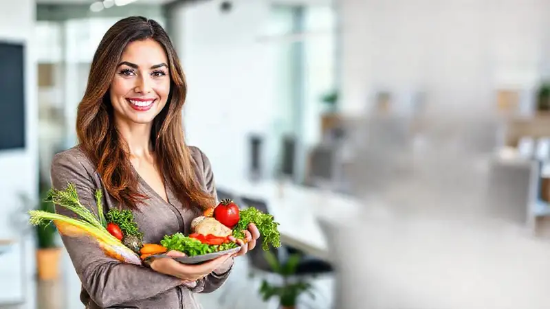 Mujer profesional presenta comida saludable con confianza