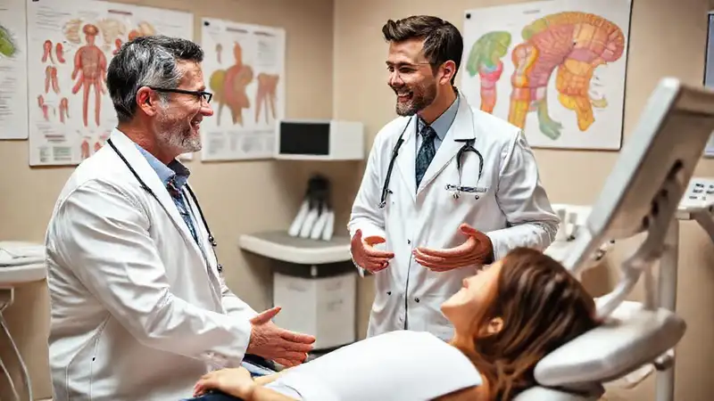 Doctor sonriente consulta paciente en ambiente amigable