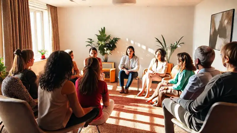 Terapeuta guía grupo diverso en ambiente cálido