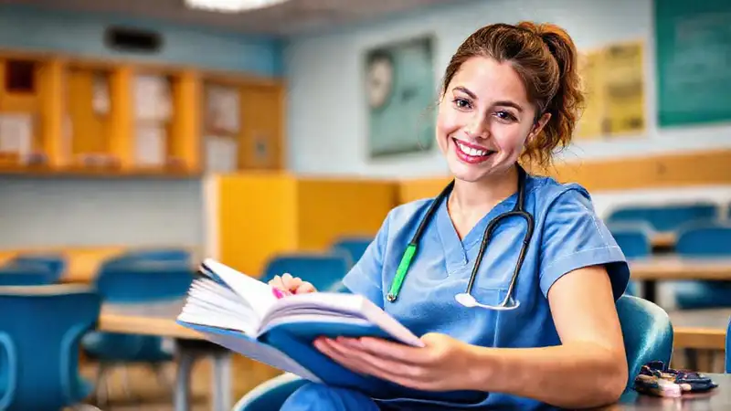 Estudiante estudia con libros y ambiente motivador