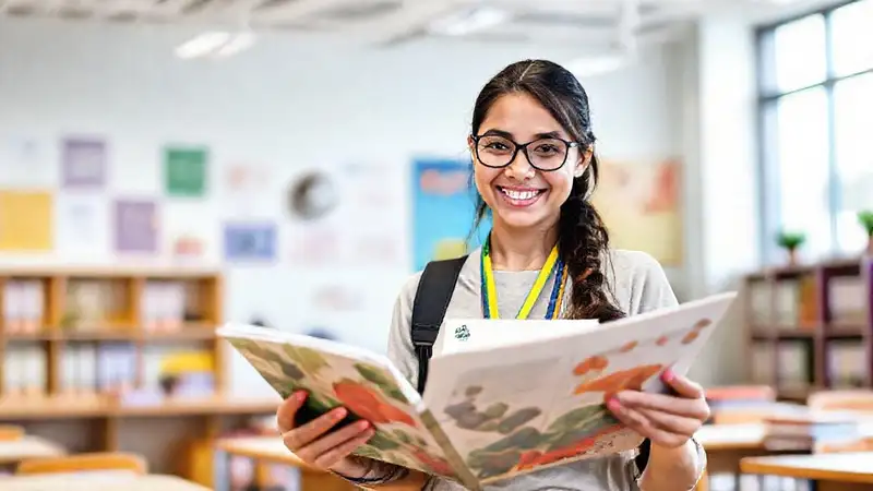 Estudiante de nutrición en aula vibrante y moderna