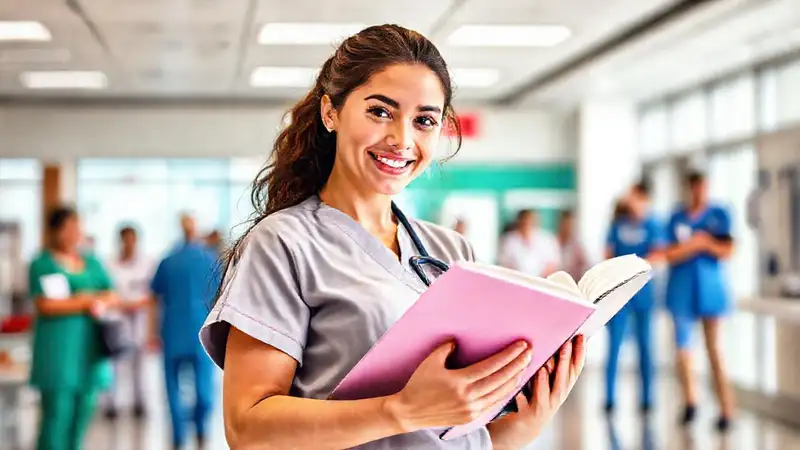 Estudiante de enfermería en hospital moderno y diverso