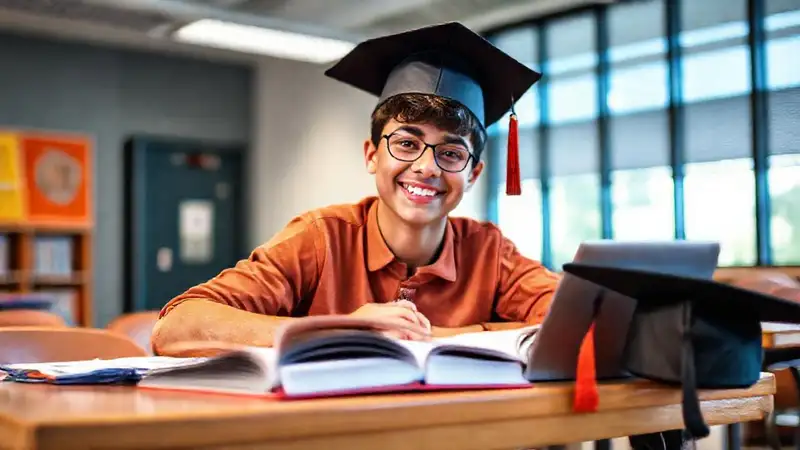 Estudiante motivado estudiando en aula moderna