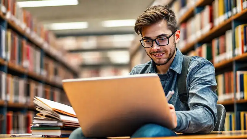 Estudiante estudiando en biblioteca moderna con tecnología