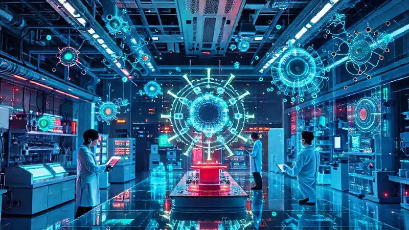 Laboratorio futurista con hologramas y científicos digitales