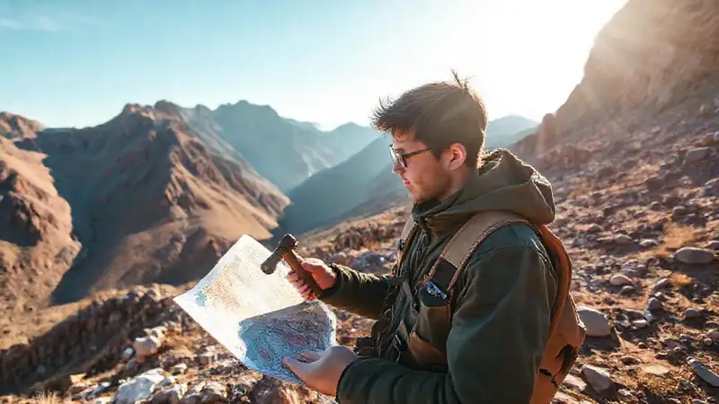 Estudiante de geología inspecciona formaciones rocosas