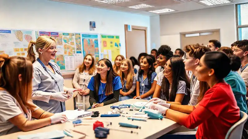 Aula vibrante con estudiantes y instructora apasionada