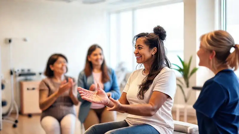 Terapeuta motiva en rehabilitación con apoyo