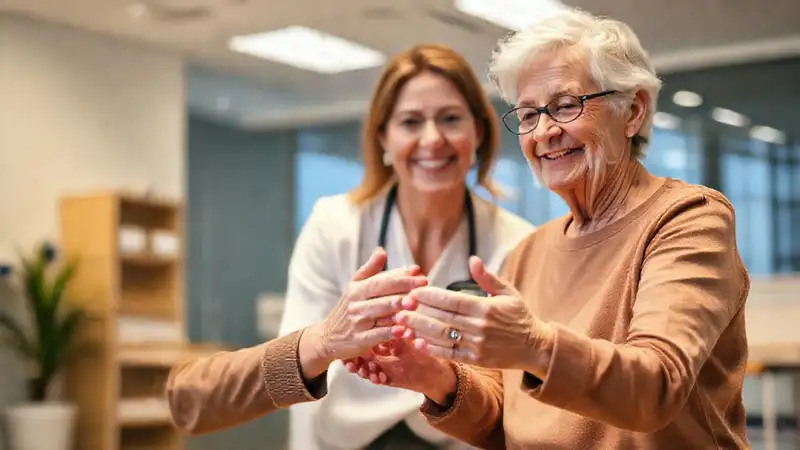 Terapeuta sonriente trabaja con paciente mayor