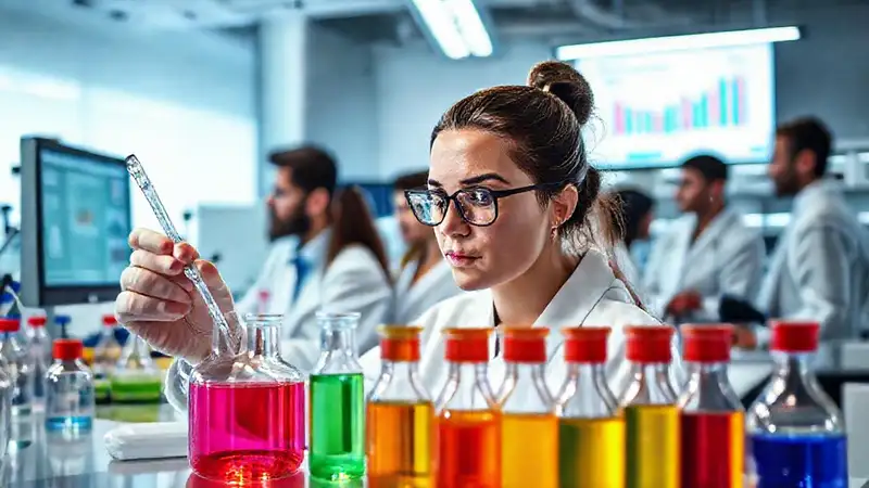Científica en laboratorio con equipo colorido y orden