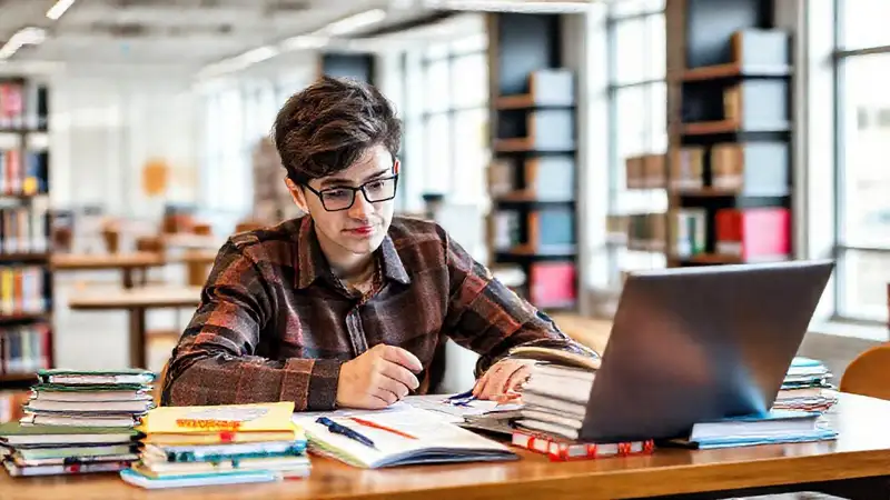 Estudiante estudia en biblioteca moderna y organizada
