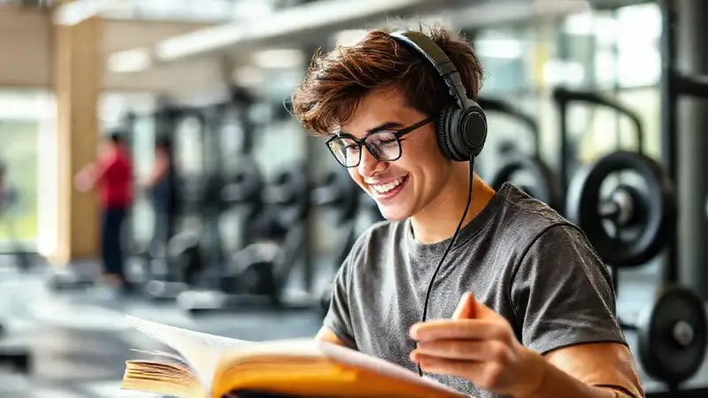 Estudiante estudia y entrena en campus vibrante