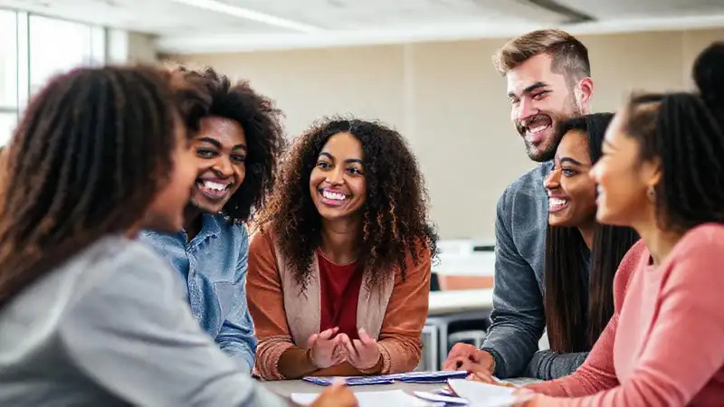 Estudiantes diversos colaboran en aula moderna