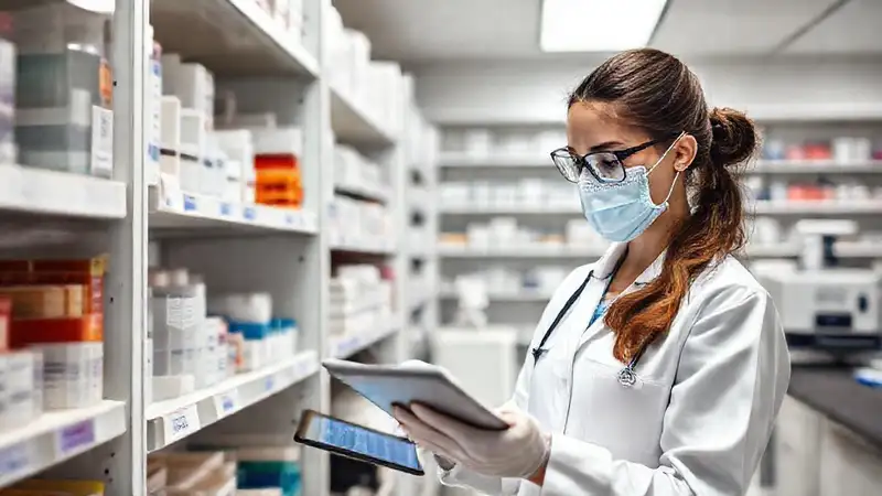 Técnico de farmacia en ambiente limpio y organizado