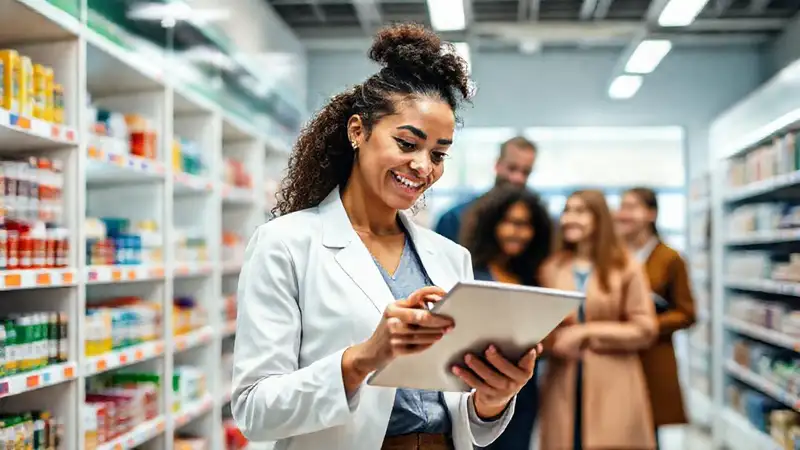 Mujer profesional en farmacia colabora con colegas