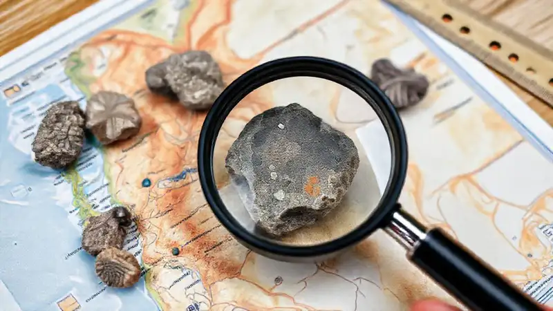 Mapa geológico de Oregón con lupa y muestras