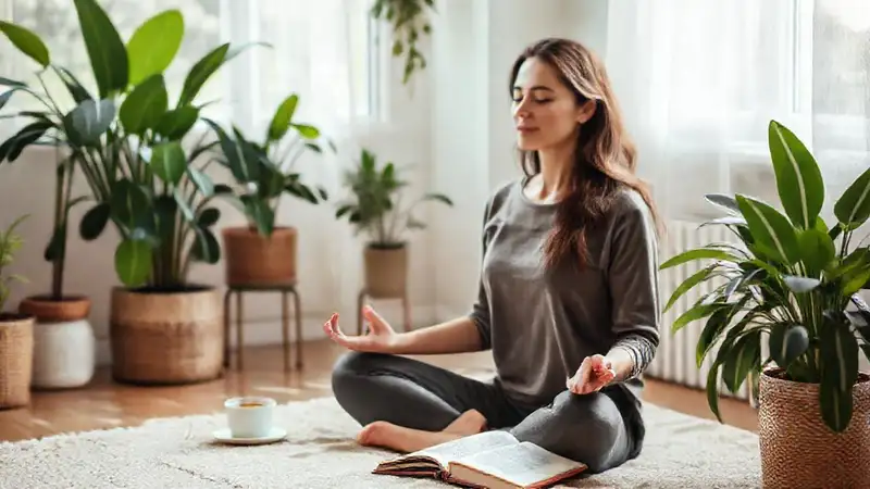 Mujer meditando en ambiente tranquilo y minimalista