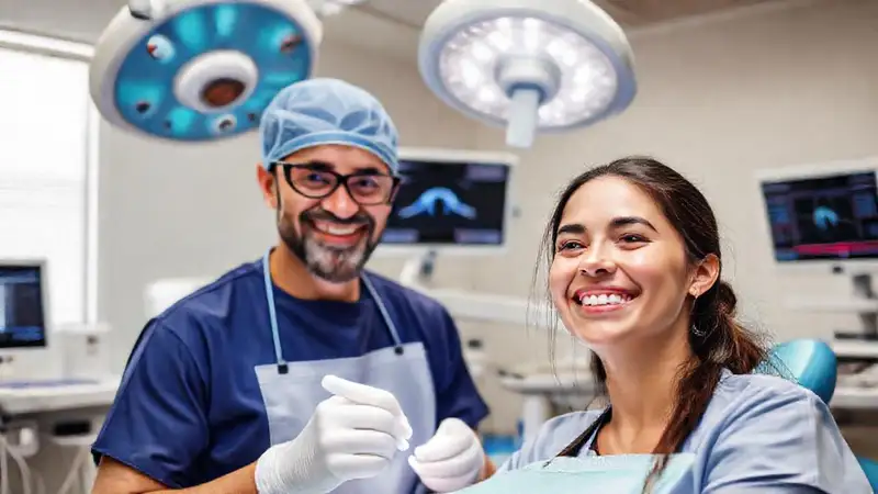 Estudiante dental en quirófano moderno y tecnológico