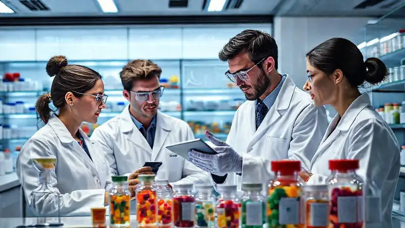 Laboratorio farmacéutico con científicos y medicinas avanzadas