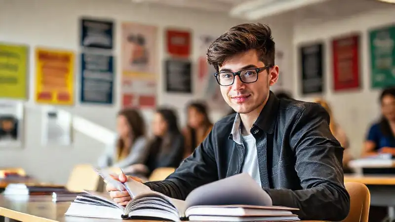 Estudiante confiado estudia en aula moderna