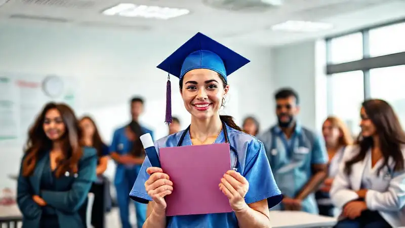 Enfermera graduada en aula moderna y diversa