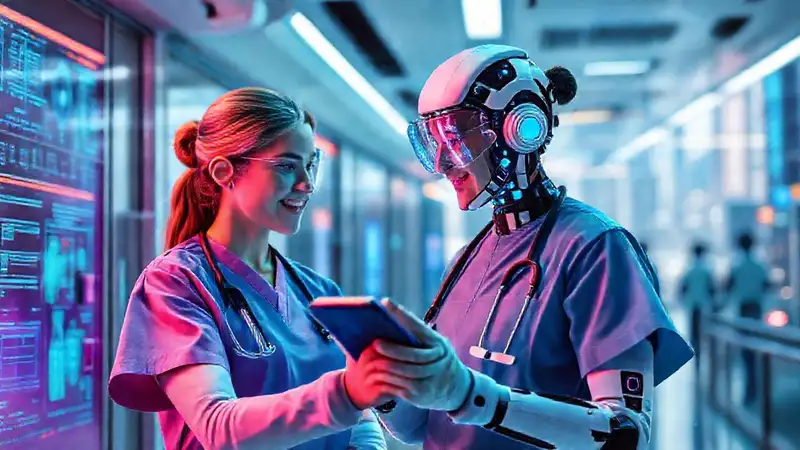 Enfermera futurista colabora con tecnología avanzada