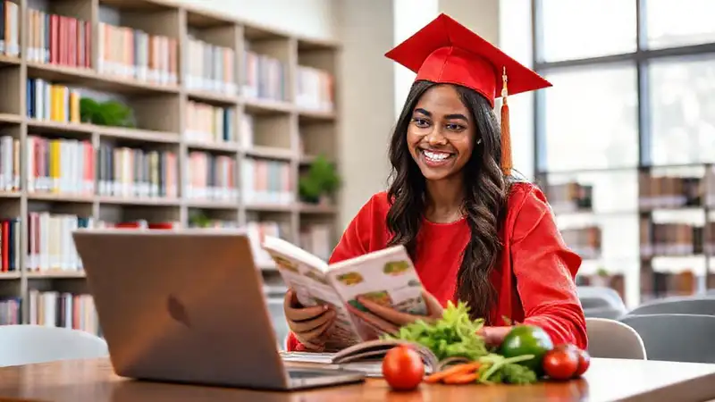 Estudiante feliz estudiando nutrición en biblioteca