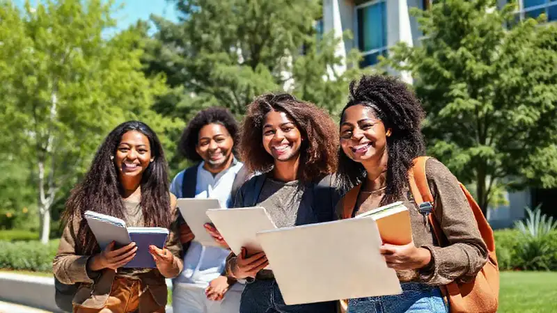Estudiantes felices en campus internacional y verde