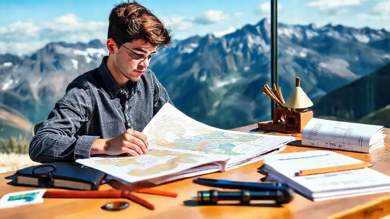 Estudiante investigando con mapas y herramientas geológicas