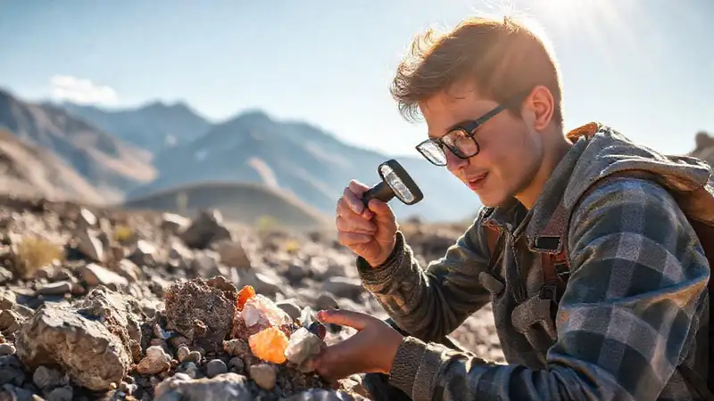Estudiante explorando rocas en paisaje montañoso
